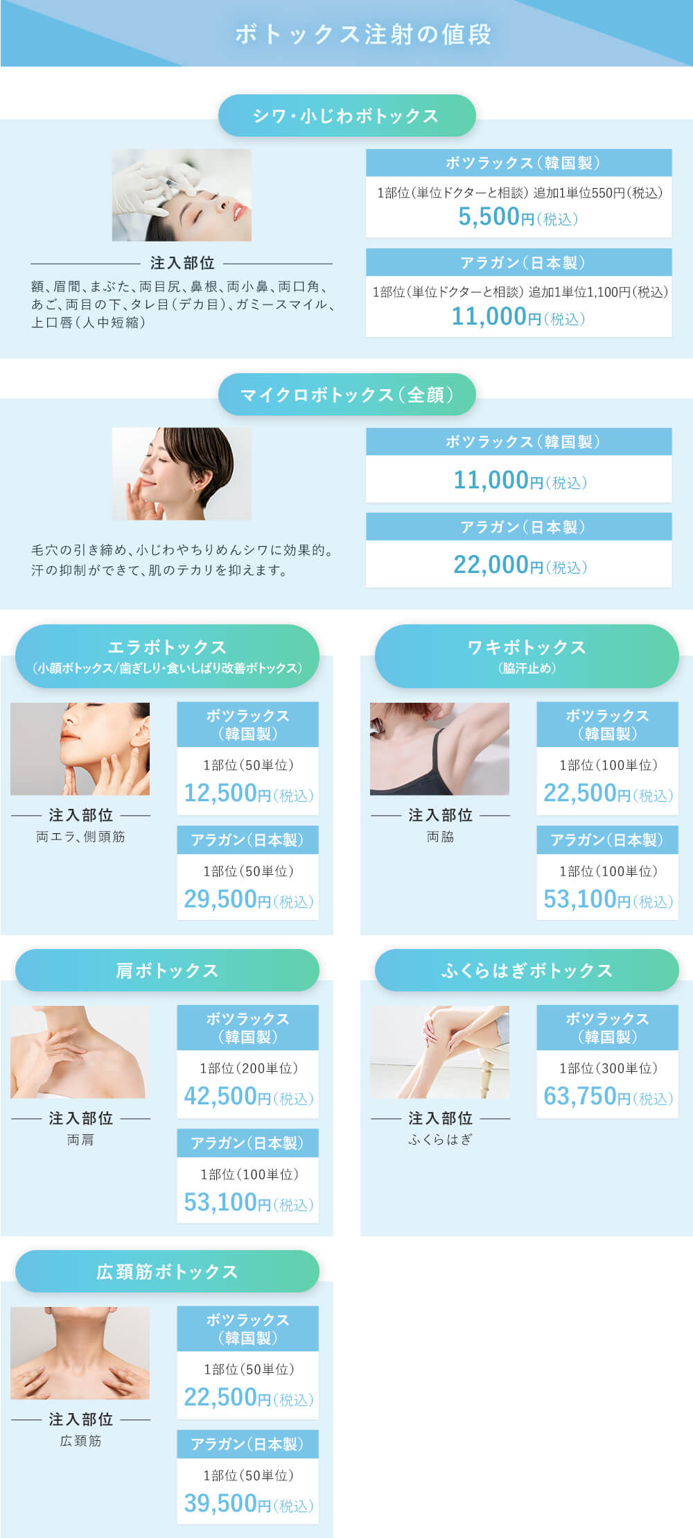 ボトックス注射の値段 シワ・小じわボトックス ボツリヌストキシン（韓国製）5,500円 ボトックス（アラガン）11,000円