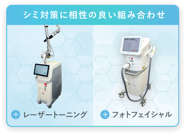 シミっ対策に相性の良い組み合わせ +レーザートーニング +フォトフェイシャル
